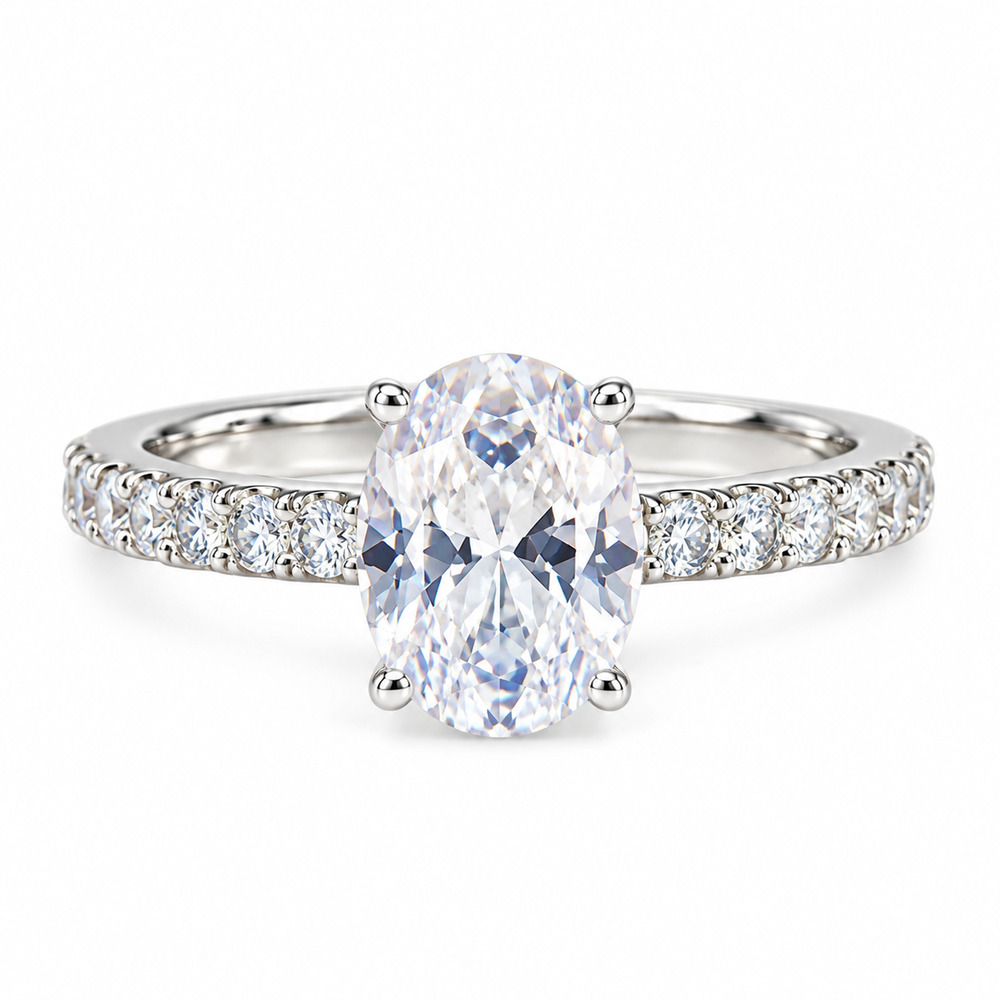 Oval-Cut Cubic Zirconia Solitaire Ring Pavé Band 925 Sterling Silver Size 8
